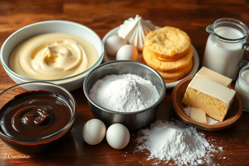 A beautifully arranged display of fresh ingredients for Boston cream cake: a rich chocolate glaze in a glossy bowl, creamy vanilla custard in a small pot, fluffy yellow cake layers stacked elegantly, farm-fresh eggs, a generous mound of granulated sugar, unsalted butter in a rustic dish, sifted flour scattered artistically, and a splash of milk in a glass pitcher, all set on a wooden kitchen countertop with natural light highlighting the textures and colors.