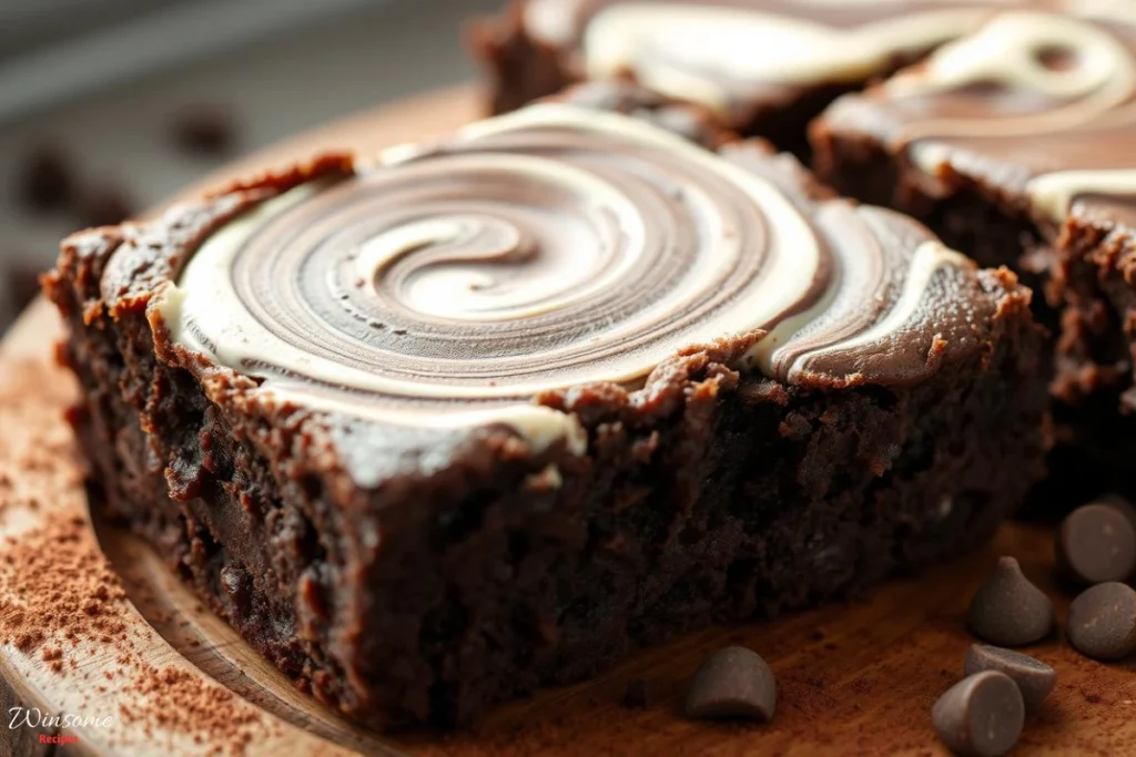 Chocolate brownies topped with creamy swirls, showcasing a rich and decadent dessert experience.
