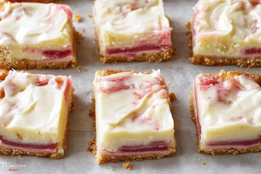 Delicious strawberry cheesecake bars topped with a vibrant rhubarb custard, perfect for a sweet treat.