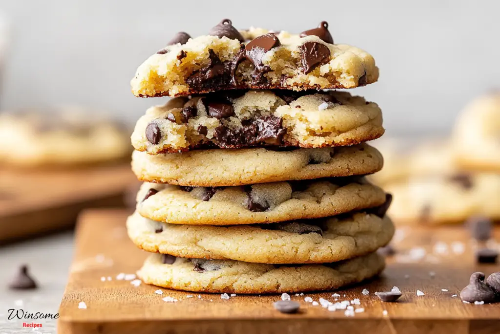 A stack of chocolate chip cookies without brown sugar resting on a wooden board. The cookies are soft and slightly chewy, with melted chocolate chips oozing from the centers.