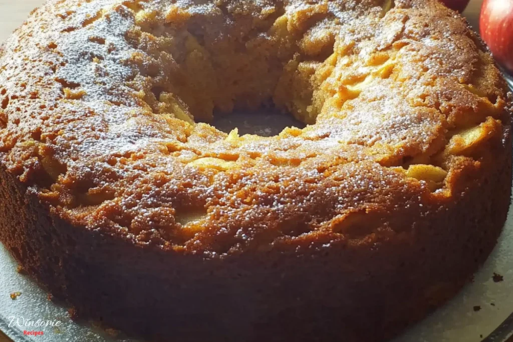 A warm, inviting fresh apple cake sitting on a rustic wooden table, surrounded by whole apples, cinnamon sticks, and a sprinkle of powdered sugar. The cake is golden brown, with soft, moist layers visible from a sliced piece.