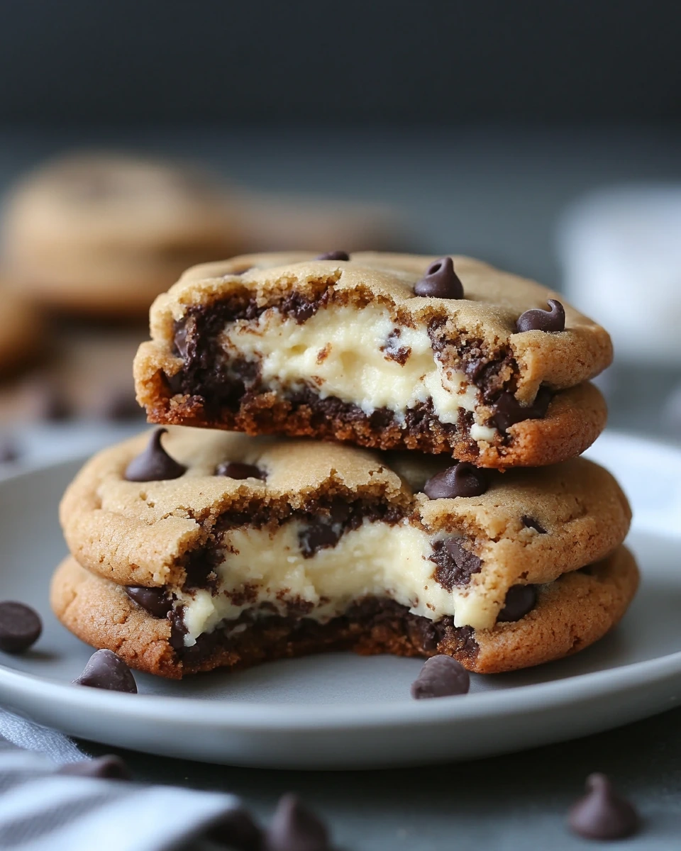 A close-up view of a freshly baked oreo inside cookie recipe, with an Oreo cookie partially visible inside, melting and gooey, surrounded by a sprinkle of chocolate chips and a few crumbs on a rustic wooden table, soft natural lighting casting warm tones.