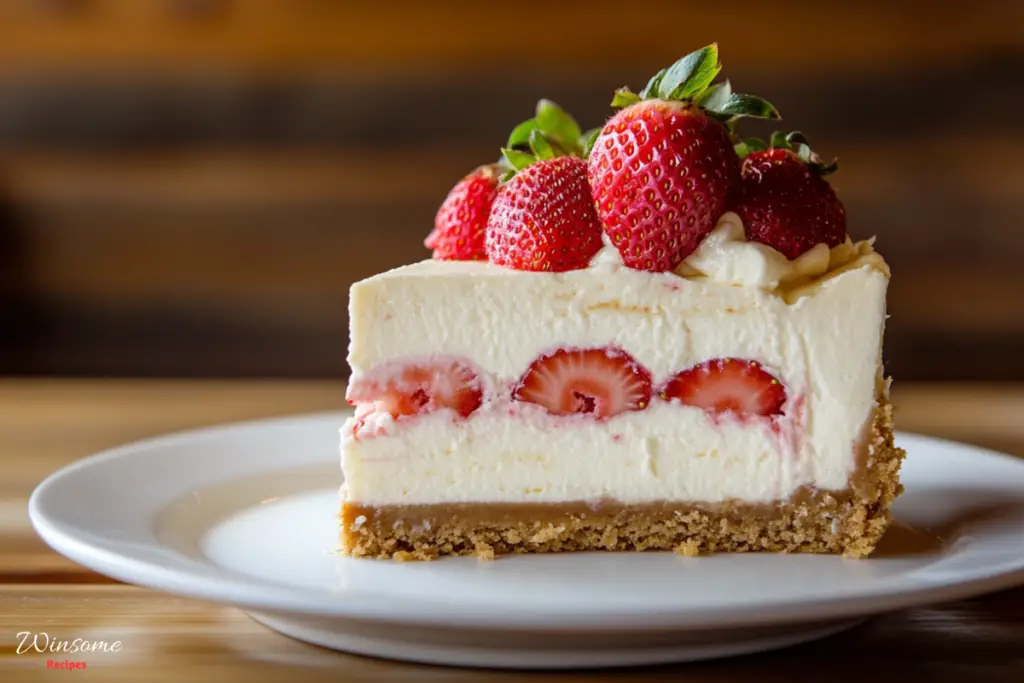 layered strawberry cheesecake cake, featuring a creamy white cheesecake layer, vibrant red fresh strawberries on top, and a graham cracker crust, presented on an elegant white plate