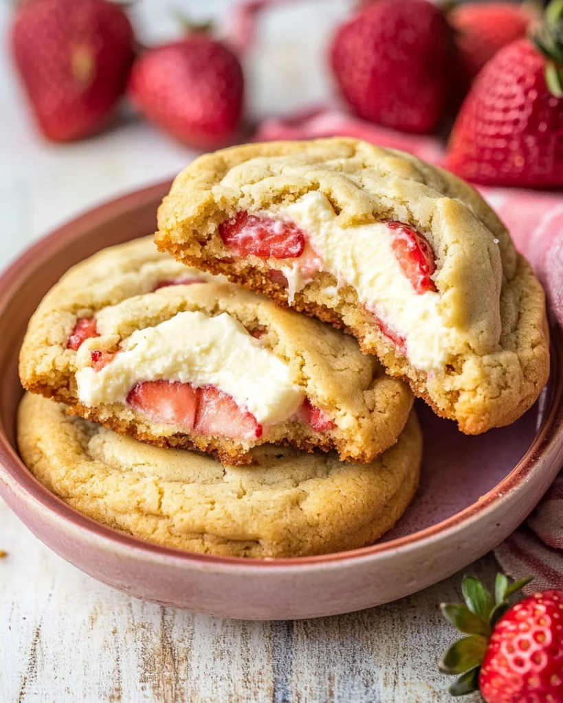 Delicious strawberry cheesecake cookies arranged on a plate, showcasing their creamy texture and vibrant color.