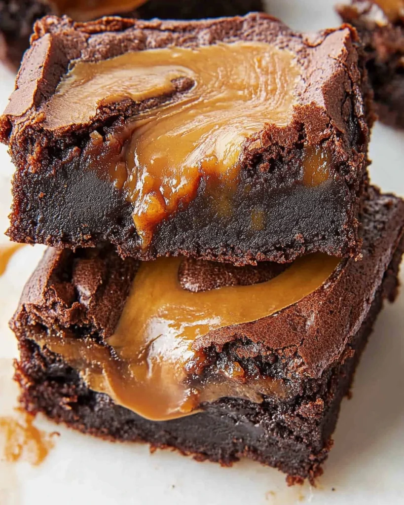 Delicious caramel brownies topped with a rich layer of gooey caramel, perfect for satisfying your sweet tooth.
