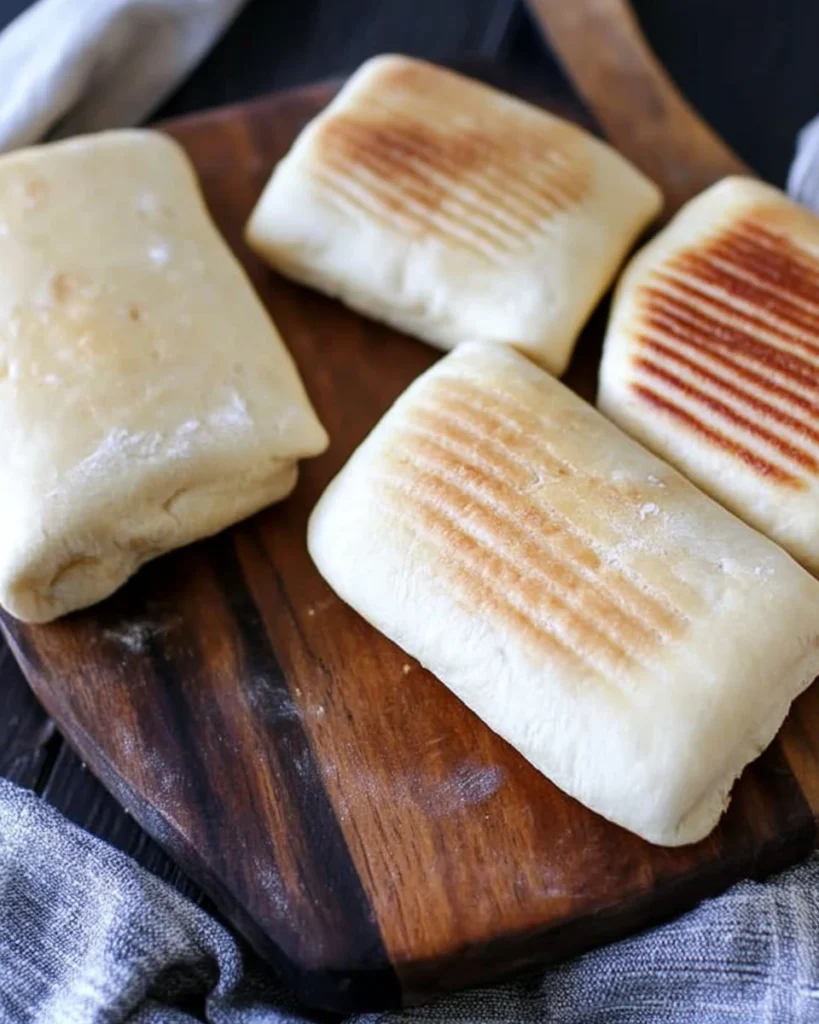 Four golden panini bread rolls arranged neatly on a rustic wooden cutting board, ready to be enjoyed.